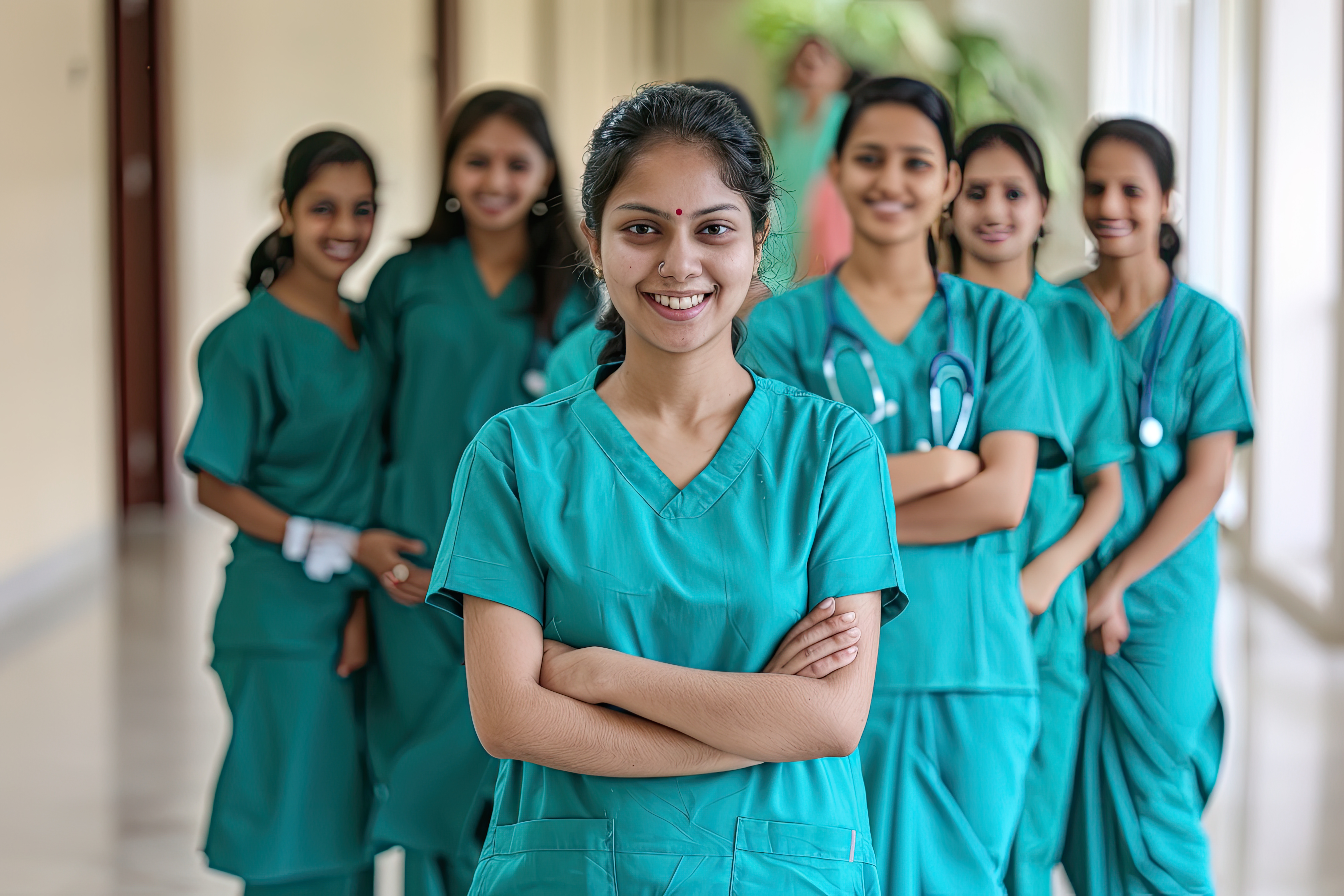 Confident Indian Nurses with Stethoscopes in Hospital